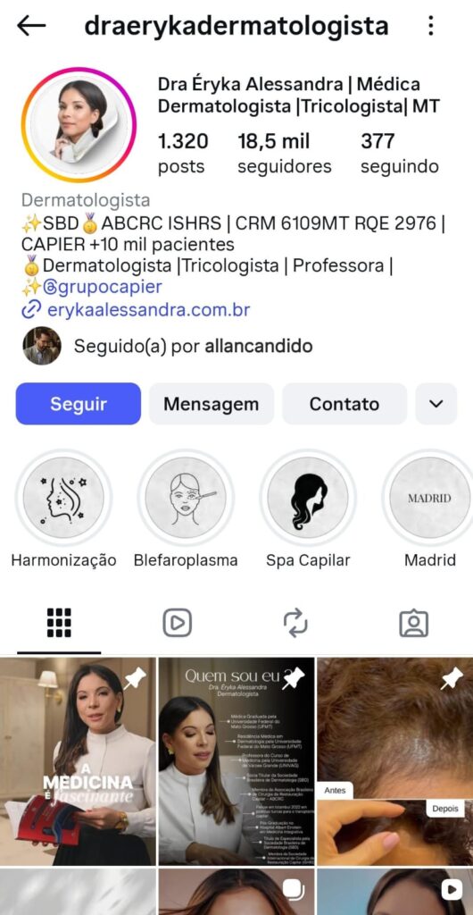 Perfil da Dra. Éryka Alessandra no Instagram