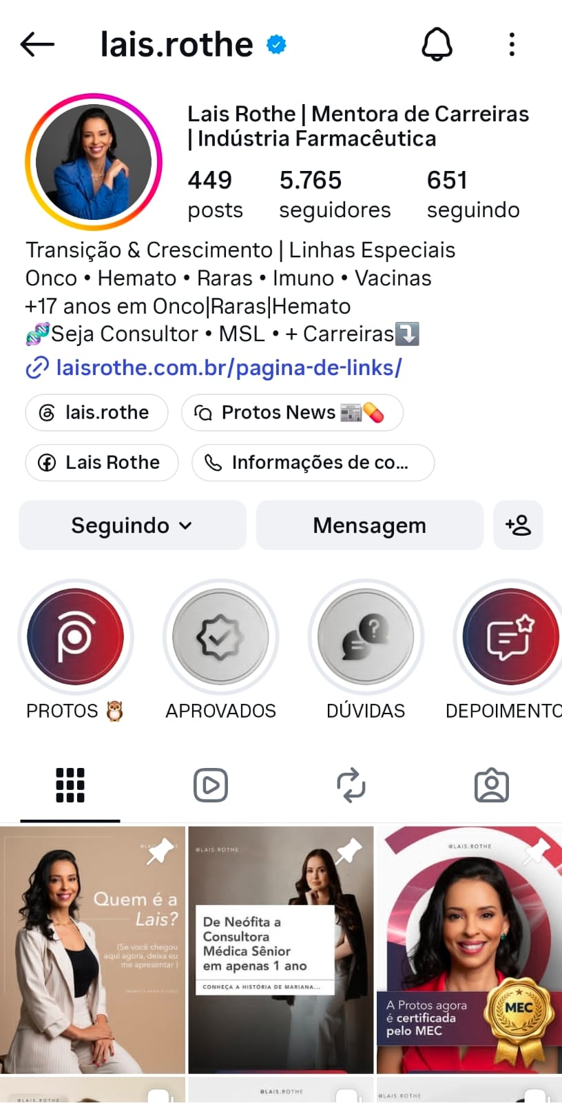 Perfil de Lais Rothe no Instagram